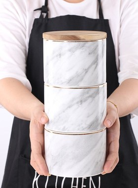 北欧三层陶瓷大理石纹密封罐杂粮咖啡收纳储物罐带盖软装饰品摆件