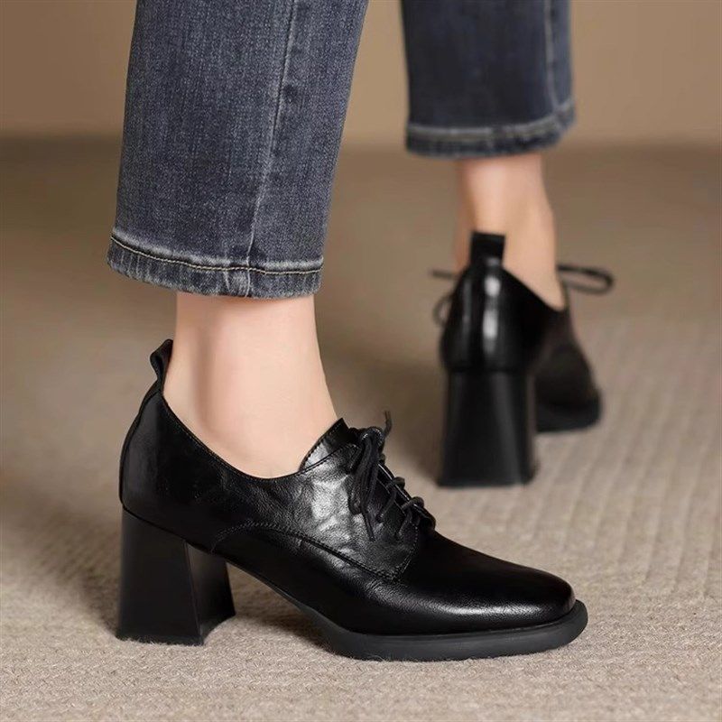复古系带深口单鞋女2025年新款方头高跟小皮鞋法式粗跟英伦风女鞋,淘宝优惠券,粉丝福利购,淘宝优惠卷
