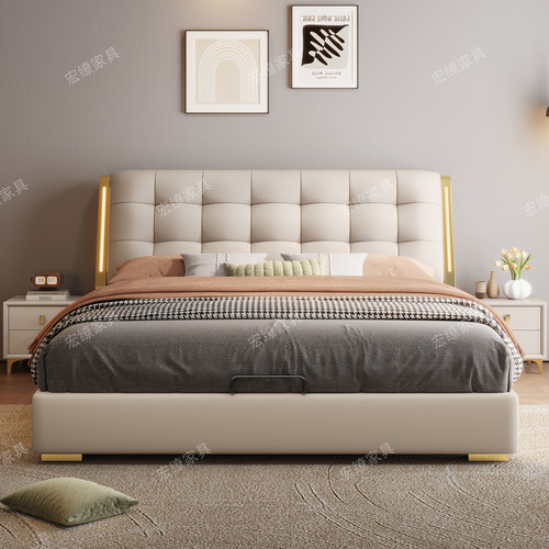 意式真皮床主卧高端大气2025新款1米8双人床2米x2米2软包储物大床 - 图0