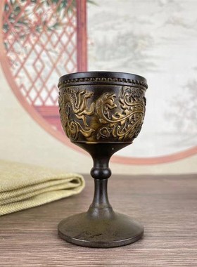 铜鎏金复古老气i酒杯龙凤呈祥高脚杯中式仿古一口白酒杯供奉一个
