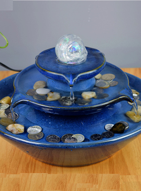 风水轮聚宝盆流水喷泉招财猫陶瓷前台客厅办公室桌面开业送礼摆件