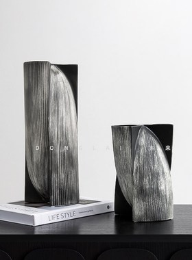 侘寂风陶瓷瓶中古风复古做旧黑白拼色创意插器装饰品