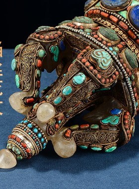 闯隆《镶嵌松石五股金刚杵》尼泊尔手工复古做旧铜雕花桌面摆件