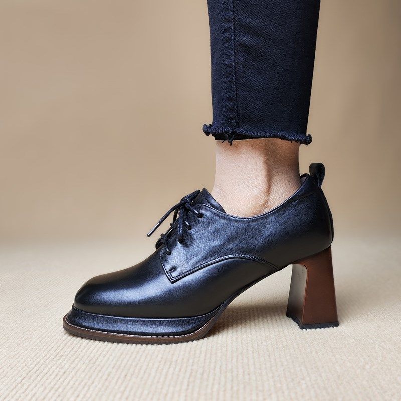 7.5cm高跟鞋女方头粗跟羊皮单鞋春秋季真皮系带深口皮鞋黑色棕色,淘宝优惠券,粉丝福利购,淘宝优惠卷