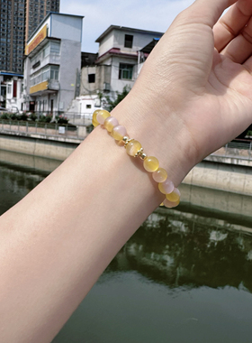 喜饰糖蜜粉色黄色猫眼石手链转运珠简约叠加玉髓水晶单圈手串招财