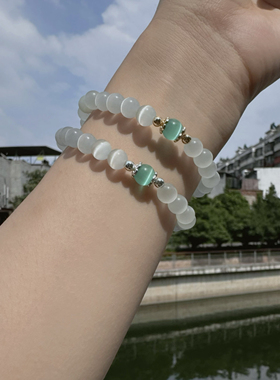 喜饰白猫眼天河石蓝薄荷手链原创水晶开运手串叠加简约轻奢转运珠