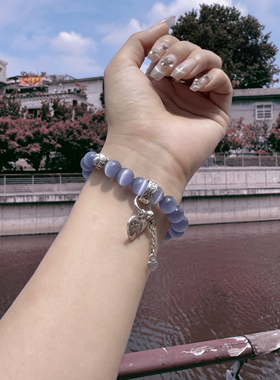 喜饰原创奶油紫猫眼石手链白猫眼水晶女爱心吉祥大象吊坠平安手串