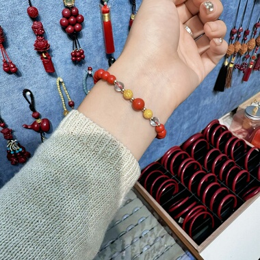 喜饰集朱砂红砂转运珠女锁骨项链大圆单珠吊坠雄黄托帕石平安手链