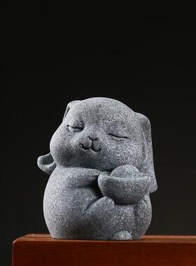 中式国潮风青砂石迷你麒麟金蟾动物家居摆件 茶几禅意石材桌面造
