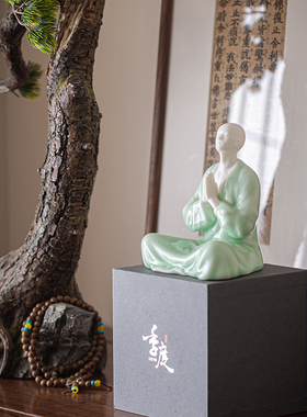 国潮禅意入定打坐小和尚人物陶瓷摆件鱼缸桌面造景茶桌书房装饰品