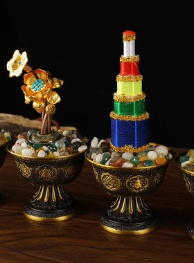 尼泊尔家居组合吉祥八供养铜供杯海螺塔香贡品藏装饰八供套装摆件