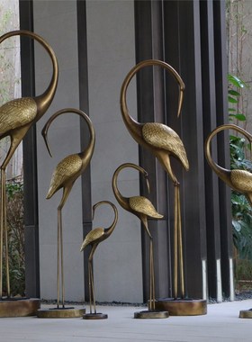 抽象仿铜仙鹤雕塑白鹭水池造景售楼部丹顶鹤模型庭院景观装饰