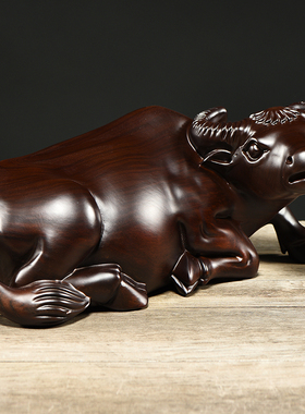 黑檀木雕水牛木制十二生肖卧牛家居客厅电视柜装饰红木工艺品