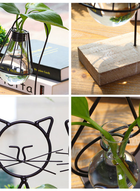 北欧创意小猫铁艺水培容器绿萝植物玻璃小花瓶家居装饰品桌面摆件