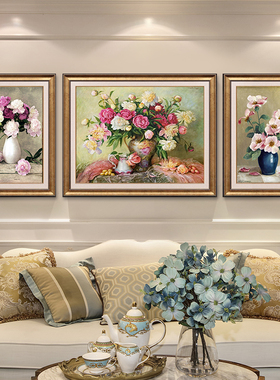 花开富贵牡丹花卉美式挂画客厅沙发背景墙装饰画高端油画三联壁画