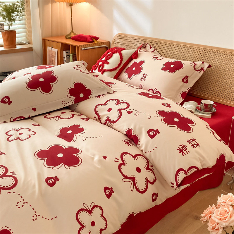 婚庆水洗棉喜庆四件套中式红牀单牀笠高档磨毛被套结婚房牀上用品,淘宝优惠券,粉丝福利购,淘宝优惠卷