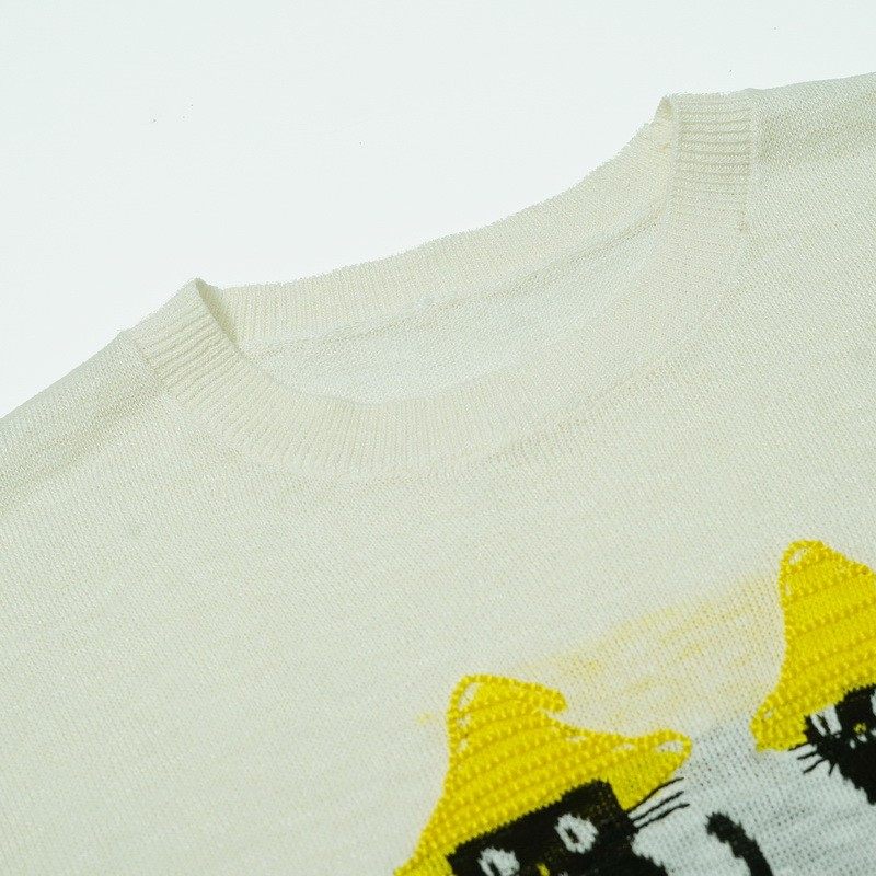 【草帽猫】夏季百搭圆领短袖小猫咪针织甜美可爱风格衣服33140,淘宝优惠券,粉丝福利购,淘宝优惠卷