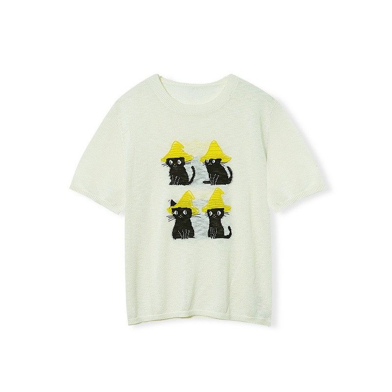 【草帽猫】夏季百搭圆领短袖小猫咪针织甜美可爱风格衣服33140,淘宝优惠券,粉丝福利购,淘宝优惠卷