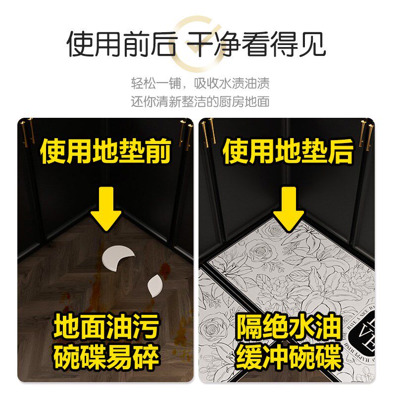 High-end special kitchen floor mats, non-slip and oil-proof, wipeable and washable, PVC water-absorbent and oil-absorbent floor mats, L-shaped stain-resistant carpet mats