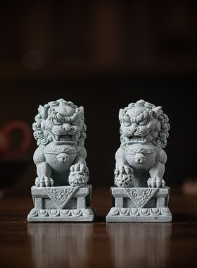 新中式石狮子公母一对茶宠摆件招财礼品小号看门庭院户外墓前装饰