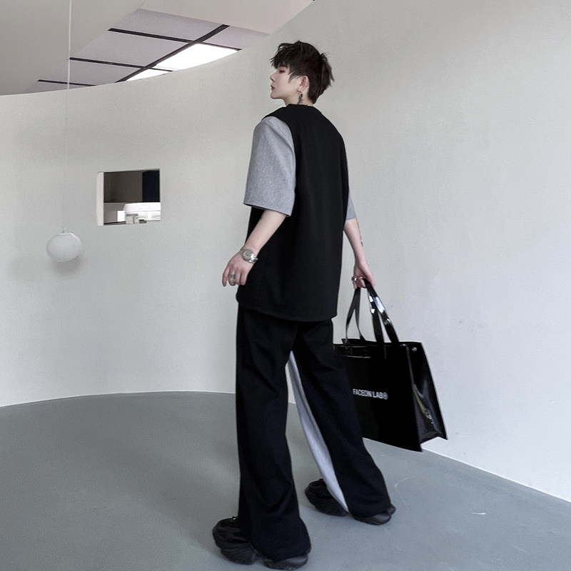 夏季小众拼色铆钉装饰垫肩短袖T恤男套装设计感阔腿长裤两件套潮,淘宝优惠券,粉丝福利购,淘宝优惠卷