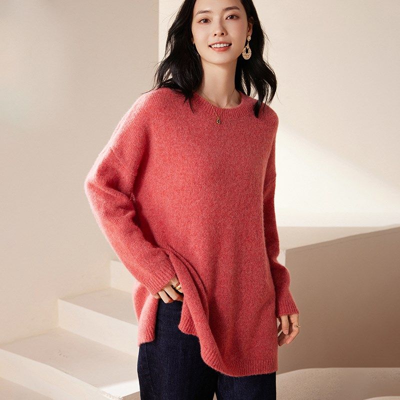 高端中长款圆领宽松臻绒100纯山羊绒女落肩袖毛衣秋冬打底针织衫,淘宝优惠券,粉丝福利购,淘宝优惠卷