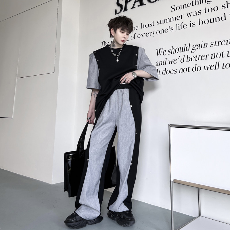 夏季小众拼色铆钉装饰垫肩短袖T恤男套装设计感阔腿长裤两件套潮,淘宝优惠券,粉丝福利购,淘宝优惠卷