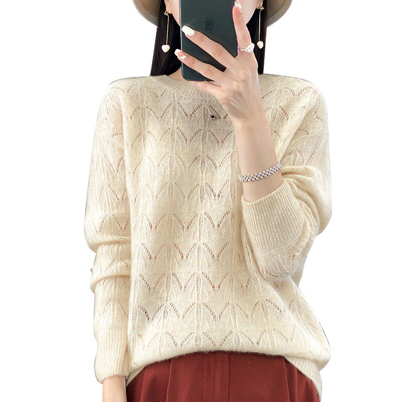 春秋新款100%纯羊绒衫女圆领镂空提花针织毛衣宽松羊毛衫打底上衣,淘宝优惠券,粉丝福利购,淘宝优惠卷