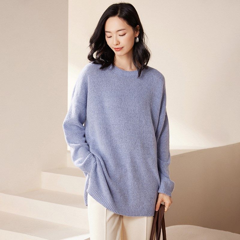 高端中长款圆领宽松臻绒100纯山羊绒女落肩袖毛衣秋冬打底针织衫,淘宝优惠券,粉丝福利购,淘宝优惠卷