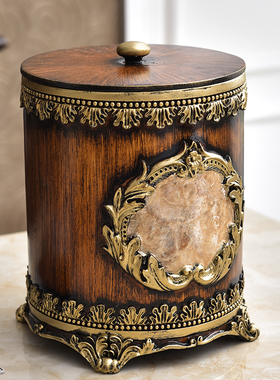 欧式奢华垃圾桶带盖家用复古客厅装饰品美式中式收纳桶茶几摆件