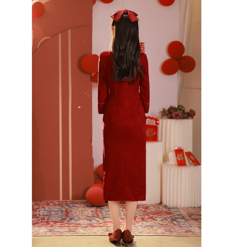 旗袍敬酒服2025新款冬季红色结婚便装改良订婚礼服女回门新娘秋冬 - 图3