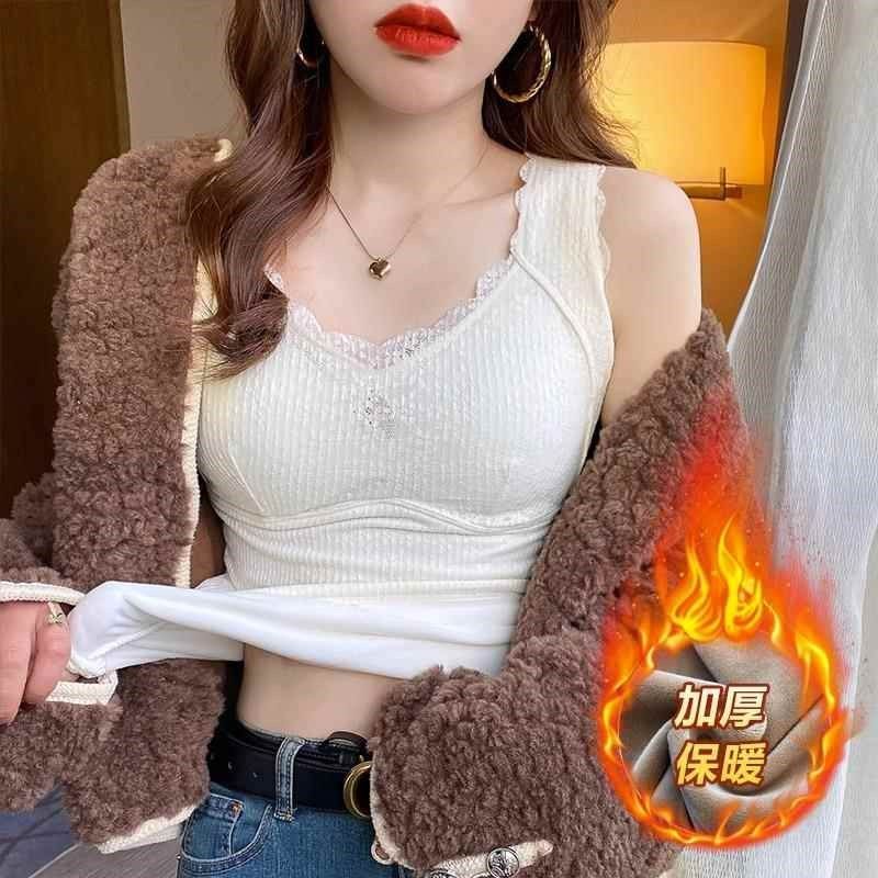 保暖背心女秋冬贴身加厚一体绒发热马甲内搭打底衫蕾丝加绒背心,淘宝优惠券,粉丝福利购,淘宝优惠卷