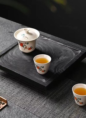新中式侘寂风黑色碳化木r质手工托盘茶盘摆件桌面装饰茶几茶台摆