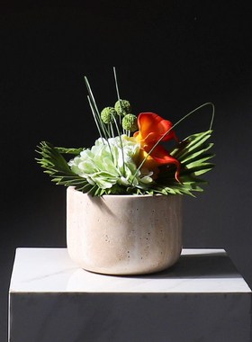 侘寂风黄洞石花瓶高级感复古软装样板房玄关桌面装饰摆件家居饰品