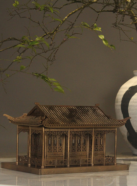 古铜色中国风古建筑拼装模型中式小房装饰摆件手工制作木质材料