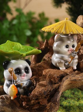 创意熊猫青蛙钓鱼小园流水微景观盆景水族箱鱼缸造景装饰品