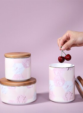 粉色陶瓷大理石纹密封罐罐带盖家用五谷杂粮N白糖罐收纳罐储物罐