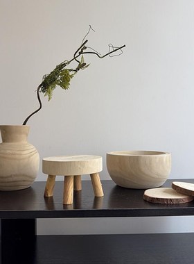 仿古实木水果盘装饰盆木质托盘色木盆民宿复古瓶高级感