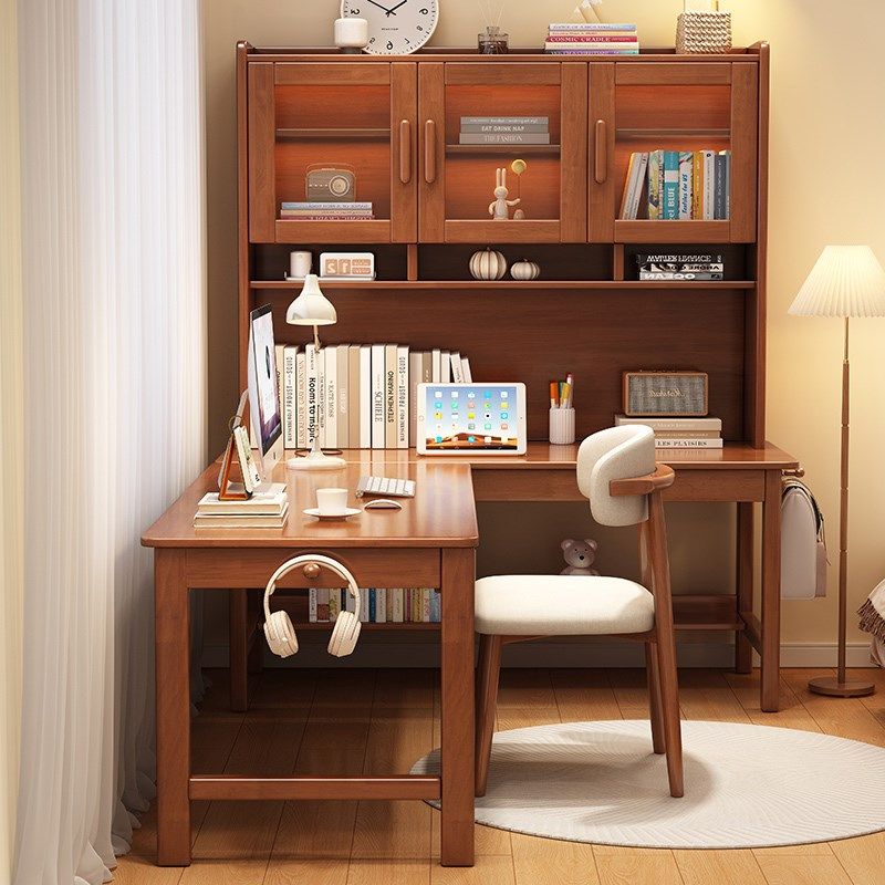 实木转角书桌书架书柜一体组合7字型学生学习桌家用卧室L型电脑桌,淘宝优惠券,粉丝福利购,淘宝优惠卷