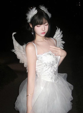 纯欲白天鹅羽毛天使套装cos服白色翅膀套装cos晚会派对装扮道具