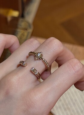 中古vintage鸢尾花戒指精致镶锆爆闪双轨星芒叠戴指环送女友礼物