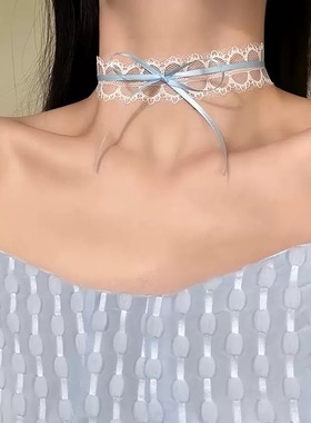 蓝色蕾丝choker蝴蝶结绑带项链复古甜美叠戴层次感颈链锁骨链项圈