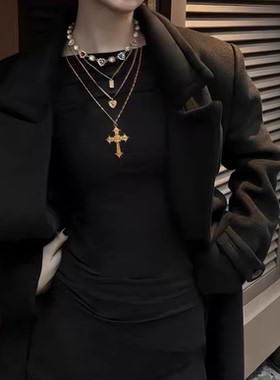 欧美彩钻爱心十字架吊坠项链套装ins甜酷锁骨链复古轻奢高级配饰