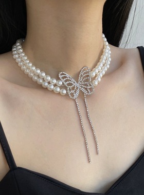 双层珍珠串珠镶钻蝴蝶流苏项链女