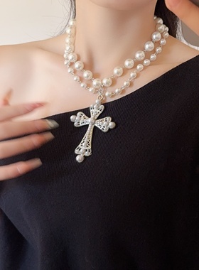 欧美时尚双层珍珠串珠十字架项链