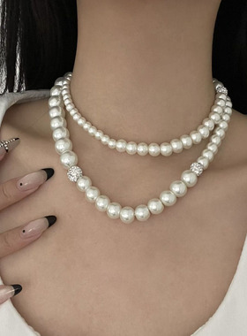 渐变珍珠叠戴项链女毛衣链锁骨链