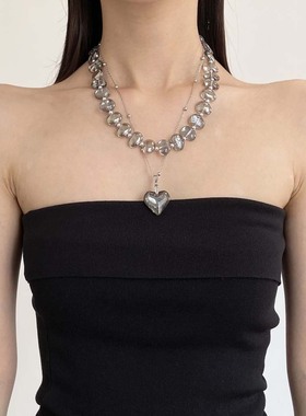 法式复古不规则水晶串珠爱心吊坠