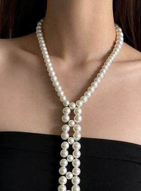 时髦设计珍珠领带项链女小众高级