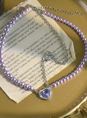 紫色爱心项链简约珍珠双层锁骨链气质心形吊坠2021新款货源