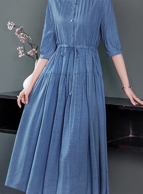 妈妈连衣裙子春季女装2023新款连衣裙薄款减龄收腰长裙棉麻裙子女